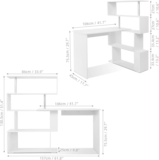 Mondeer 41.7" L Shaped Desk with 4-Tier Storage Shelves, Computer Corner Desk for Study Home Office Living Room (White)