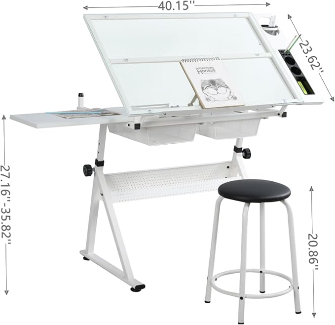 Adjustable Tempered Glass Drafting Table, 0-75° Tilting Art Desk with Multi-Storage Drawers & Trays, Height Adjustable 27.1"-35.8" Drawing Table with Chair, White