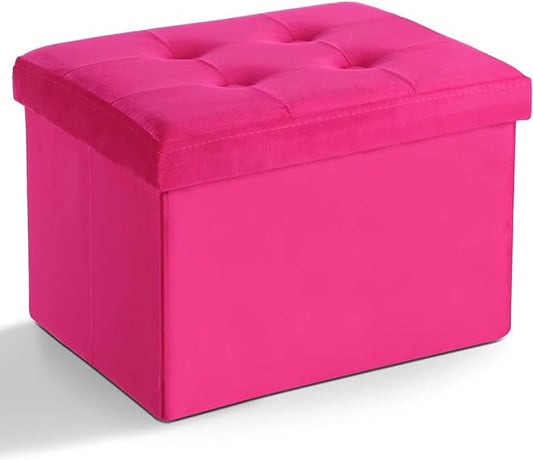 LINMAGCO Storage Ottoman Folding Foot Stool Velvet Foot Rest with Padded Modern Ottoman with Storage for Living Room Puppy Step Stool 17x13x13in(ROSEO)