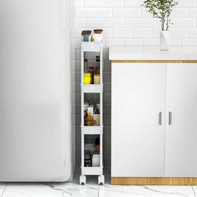 Sooyee 4 Tier Slim Storage Cart Mobile Shelving Unit Organizer Slide Out Storage Rolling Utility Cart Tower Rack for Kitchen Bathroom Laundry Narrow Places, Plastic & Stainless Steel, White