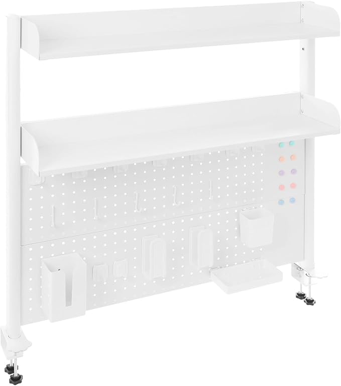 Clamp On Desk Organizer Shelf, Pegboard Multipurpose Countertop Desk Hutch, Desktop Bookshelf Bookcase Storage Shelves for Home Office Dorm Gaming Desk (White)