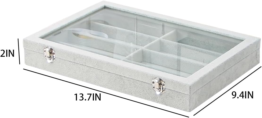 Jewelry Sunglasses Organizer Tray, Grey Velvet Eyeglasses Display Tray Box, Glasses Organize Storage Holder for Home Desk or Selling Show Display (with Lid)