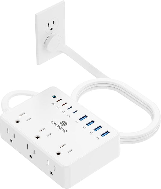 Small Surge Protector Power Strip, Kakyanill 5 ft Flat Extension Cord with 4 Outlets 3 USB Ports (2 USB C), 900 Joules Protection, Suitable for Home Office Dorm Room, White