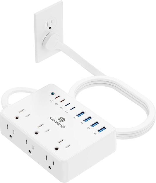 Kakyanill 100W Charging Station, 6 AC Outlets 8 USB Power Strip with 2000J Surge Protector, 5ft Flat Plug Extension Cord, Compact for Desk Home Office Dorm, White