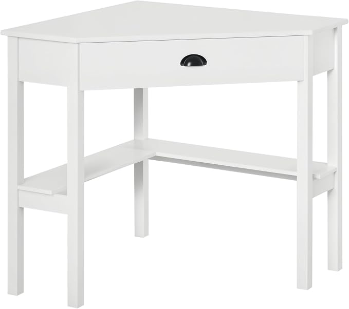 HOMCOM Corner Desk, Triangle Computer Desk with Drawer and Storage Shelves for Small Spaces, Home Office Workstation for Living Room, or Bedroom, White