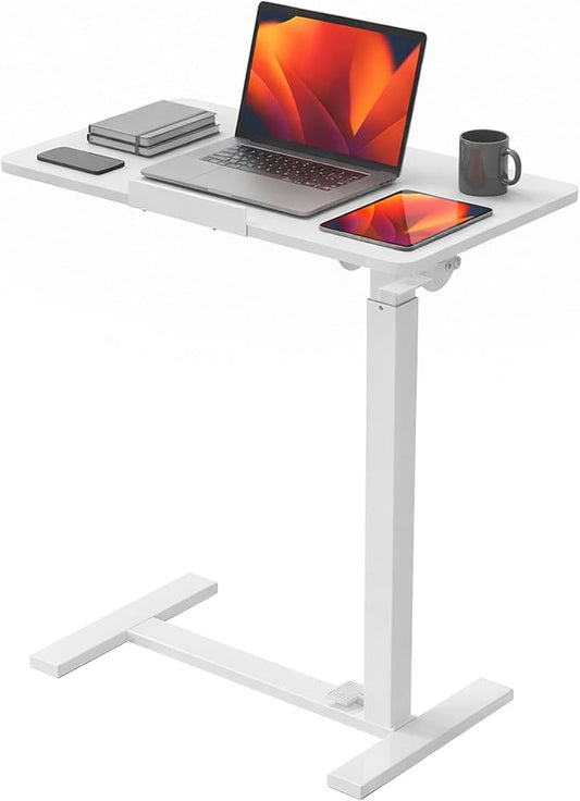 DUMOS Adjustable Rolling Desk, Mobile Overbed Bedside with Hidden Wheels, Portable Laptop Standing Desks Computer Workstation for Bed Sofa Couch, Milk