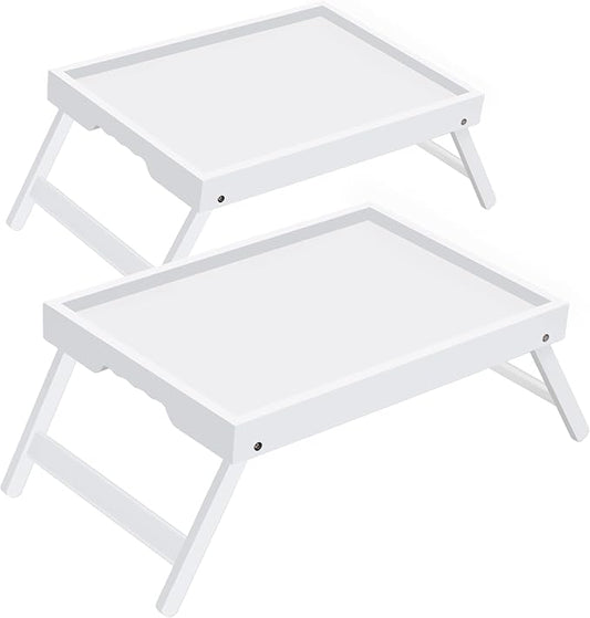 Breakfast Tray with Folding Legs Set of 2, Bamboo Bed Tray Table 15.7" Foldable TV Dinner Tray with Ergonomic Wave Handles for Bed Couch Sofa, Breakfast, Snacks, Coffee, White
