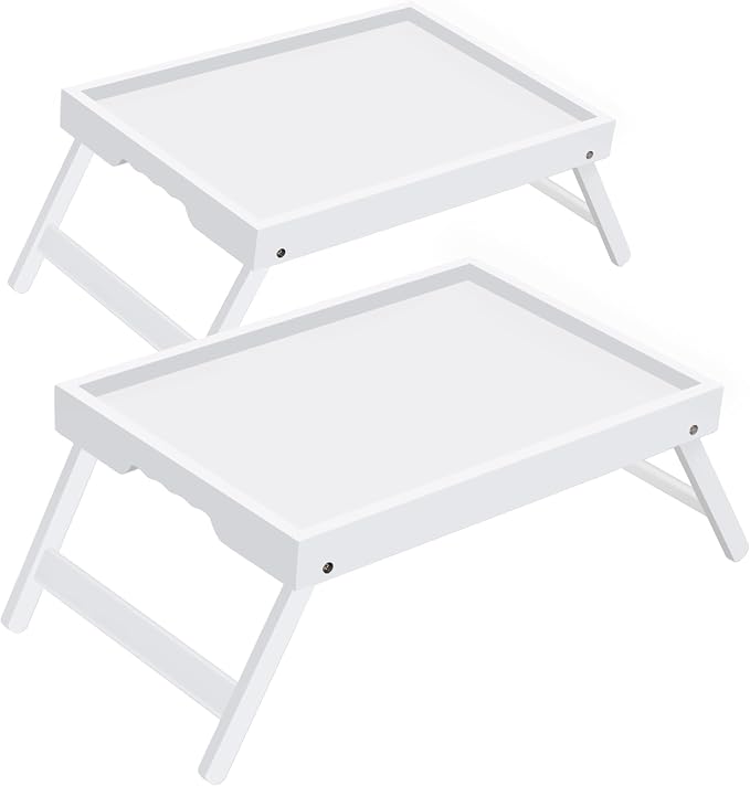 Large Breakfast Tray with Folding Legs Set of 2, 16.9" x 12.2" Bamboo Bed Tray Table with Ergonomic Wave Handles, Foldable TV Dinner Tray for Bed Couch Sofa, Breakfast, Laptop, Coffee,White