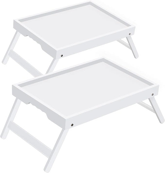 Large Breakfast Tray with Folding Legs Set of 2, 16.9" x 12.2" Bamboo Bed Tray Table with Ergonomic Wave Handles, Foldable TV Dinner Tray for Bed Couch Sofa, Breakfast, Laptop, Coffee,White
