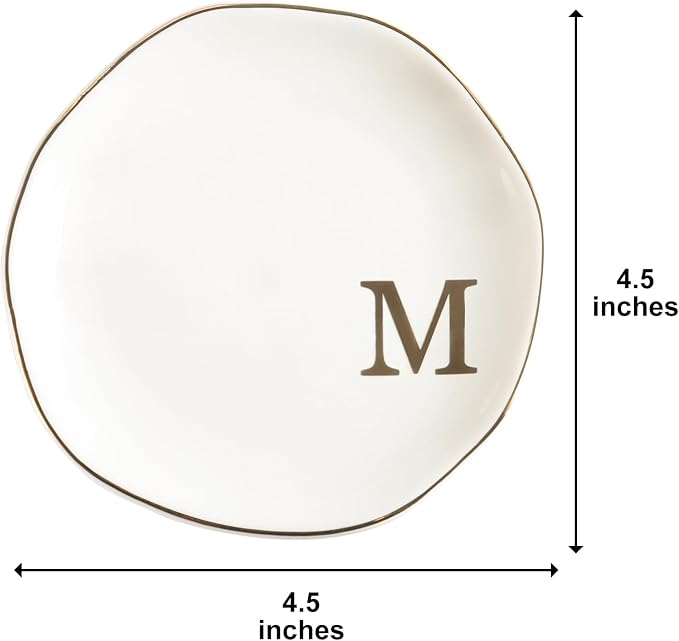 Ceramic Jewelry Tray Ring Dish Personalized M-Monogrammed Engagement Wedding Gifts, for Birthday Mother's Day for Women, Ceramic White 4.75" (M)