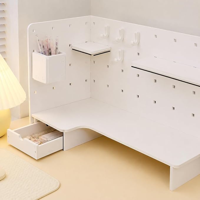 Corner Organizer Pegboard Organizer, White Desktop Storage Shelf, Small Desk Shelf for Home Office, Vertical Desk Storage, Corner Pegboard Shelf - Upgrad (#0142)