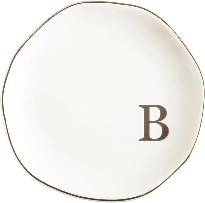Ceramic Jewelry Tray Ring Dish Personalized B-Monogrammed Engagement Wedding Gifts, for Birthday Mother's Day for Women, Ceramic White 4.75" (B)