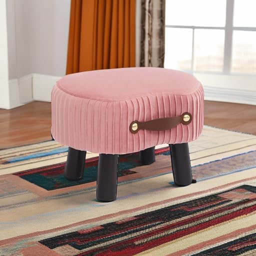 Foot Stools Small, Ottomon with Handle, Velvet Footrest Ottoman | Curved Foot Stool with Padded Seat Wooden Legs, Portable Foot Rest for Living Room, Bedroom, Entryway (Pink)