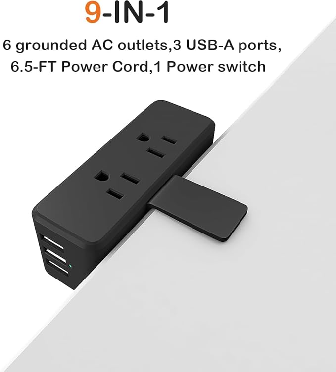 Compact Desk Edge Clamp Power Strip with 6-Outlet,3-USB-A-Port,Fit 2.4" Tabletop Edge,Table Leg.Meeoueoiu Desktop Mount Charging Power Station for Office Home,6.56ft Extension Cord,Black