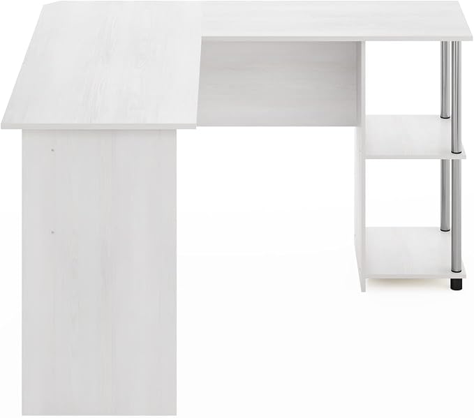 Furinno Abbott L-Shape Computer Desk with Stainless Steel Tubes Bookshelf, White Oak/Chrome