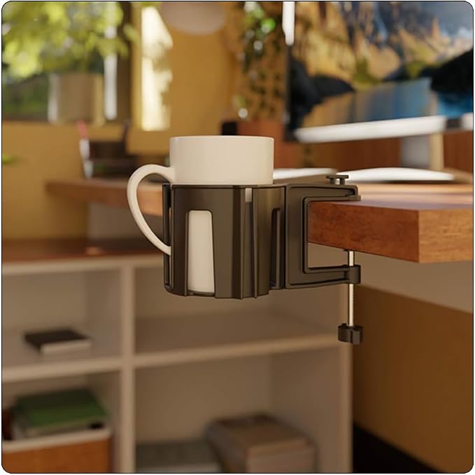 Original Large Desk Cup Holder Clamp | Anti-Spill Mount, Multi-Directional Drink Holder, Headphone Hanger, For Table, Desks, Office & Gaming Setup