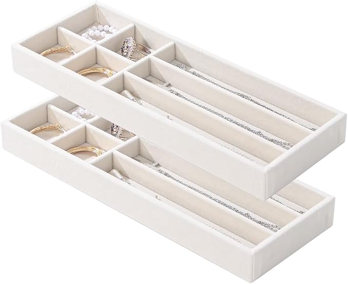 2Pcs Desk Drawer Storage Tray, Nightstand Organizer Tray, Necklace Bracelet Ring Earring Jewelry Display Tray, Grid Table Organizer Holder Tray for Sunglass, Phone, Watch, Perfume (7 grid)/Beige