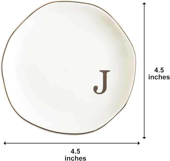 Ceramic Jewelry Tray Ring Dish Personalized J-Monogrammed Engagement Wedding Gifts, for Birthday Mother's Day for Women, Ceramic White 4.75" (J)