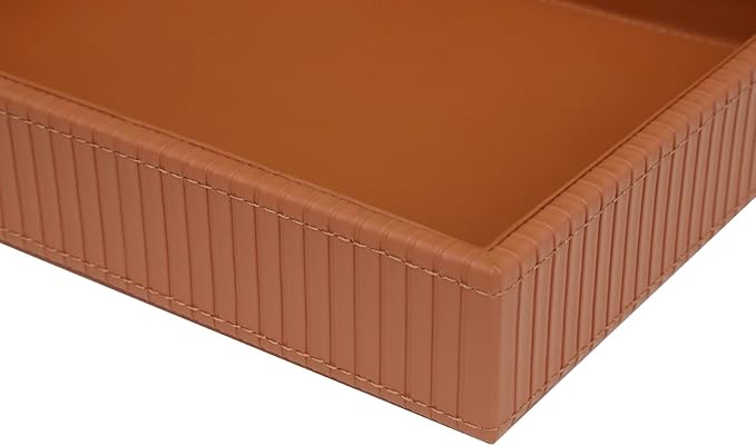 HofferRuffer Faux Leather Vanity Tray, Elegant Desktop Storage Organizer, Decorative Catchall for Perfume, Bathroom Valet, Nightstand or Dresser, 10.2 x 8.4 x 1.8 inches (Brown Stripe)