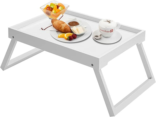 Bamboo Bed Tray Table with Foldable Legs, Breakfast Tray (White) | Laptop Desk with Folding Legs for Bed or Sofa,Food,Dinner, Serving,TV Table,Kitchen,Eating,Working
