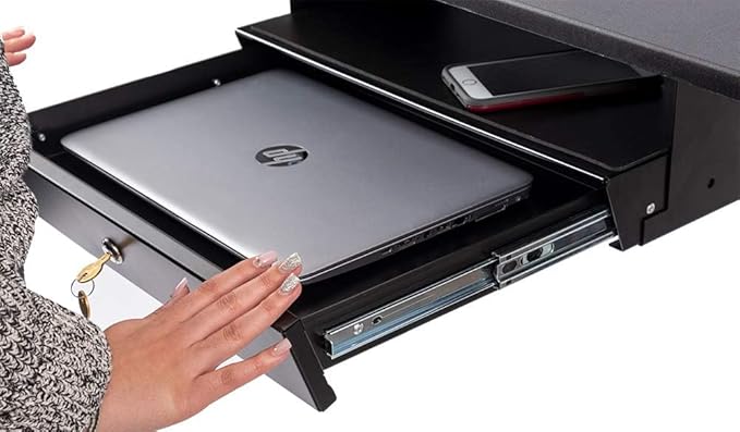 Stand Up Desk Store Add-On Office Sliding Under-Desk Drawer Storage Organizer for Standing Desks (Black, Lockable with Padded Laptop Shelf) 18"