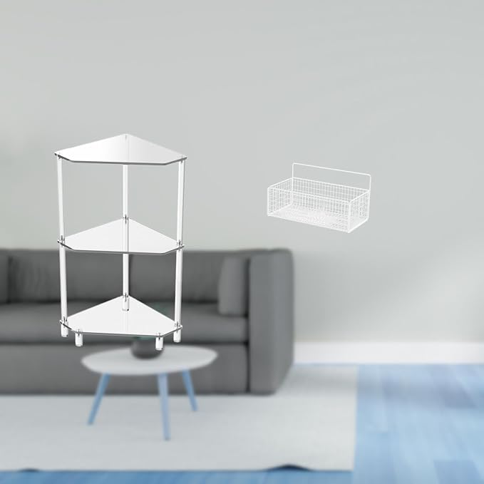 Acrylic Corner Side Table Three Shelf End Table Storage Basket Wire Hanging Storage Organizer Acrylic and Iron Suitable for Office Living Room