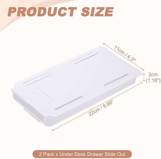 PATIKIL 2 Pack Under Desk Drawer Slide Out, 8.66 x 4.3" Plastic Table Storage Drawers Slide Out Storage Box for Laptop Study Desks Dining Dressing Tables Wardrobes Cabinets, White