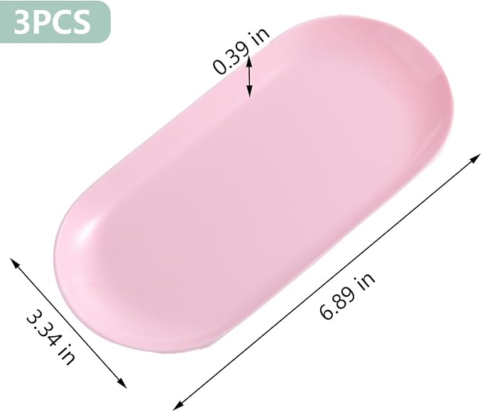 3Pcs Manicure Tools Storage Tray, Oval Plastic Storage Dish Nail Art Accessory Display Trays, Jewelry Rhinestone Organizer Plate, Makeup Cosmetic Nail Decorations Storages Plate（Pink）