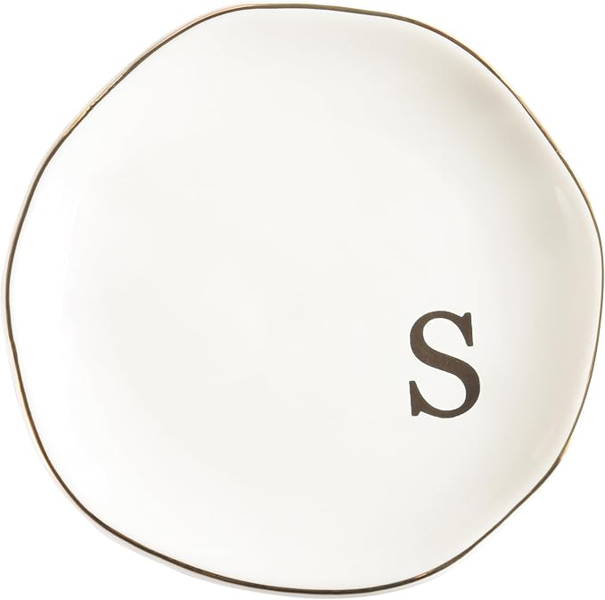 Ceramic Jewelry Tray Ring Dish Personalized S-Monogrammed Engagement Wedding Gifts, for Birthday Mother's Day for Women, Ceramic White 4.75" (S)