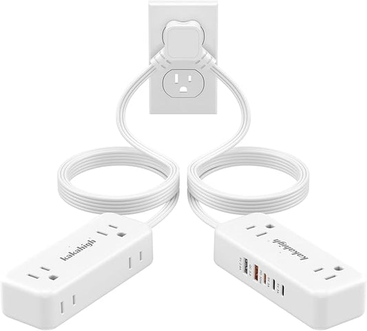 PD30W Split Extension Cord 10FT (5FT on Each Side), Single Flat Plug Twin Extension Cord with 4 AC Outlets, 2 USB-A & 3 USB-C, Nightstand Charging Station for Bedroom, His and Hers