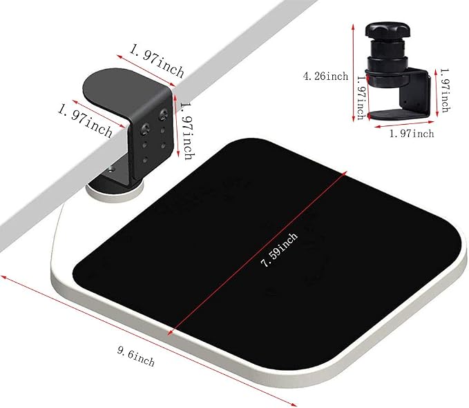 FUZADEL Mouse Platform Clamp On Under Desk Adjustable Mouse Tray Mount Swivel Desktop Shelf Wrist Rest Rotating 360 Degree
