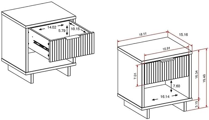 Manhattan Comfort Granville 1-Drawer Nightstand Set of 2, Modern Glam Bedside Table with Ribbed Design and Gold Handles, Ideal for Living Room and Bedroom Use, White