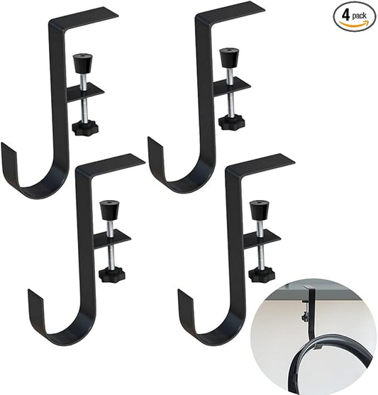 4pcs Desk Hooks, Under Shelf Table Storage Hooks Clip-On Desktop Accessory for Organizing Book Bags and Desktop Miscellaneous Items (Black)