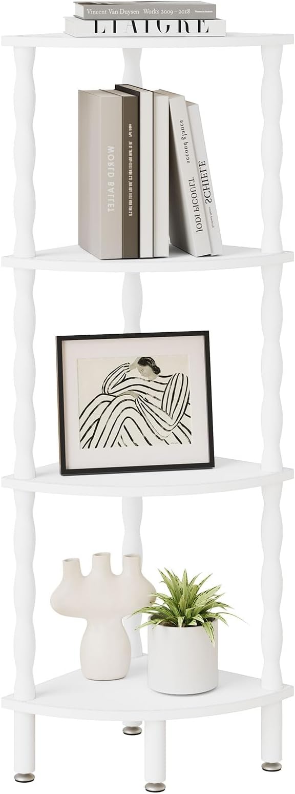 IBUYKE 4-Tier Corner Shelf,Stylish Corner Bookshelf for Small Spaces,Industrial Corner Storage Display Shelves,Small Corner Table for Bedroom,Bathroom,Kitchen, White WBC019W