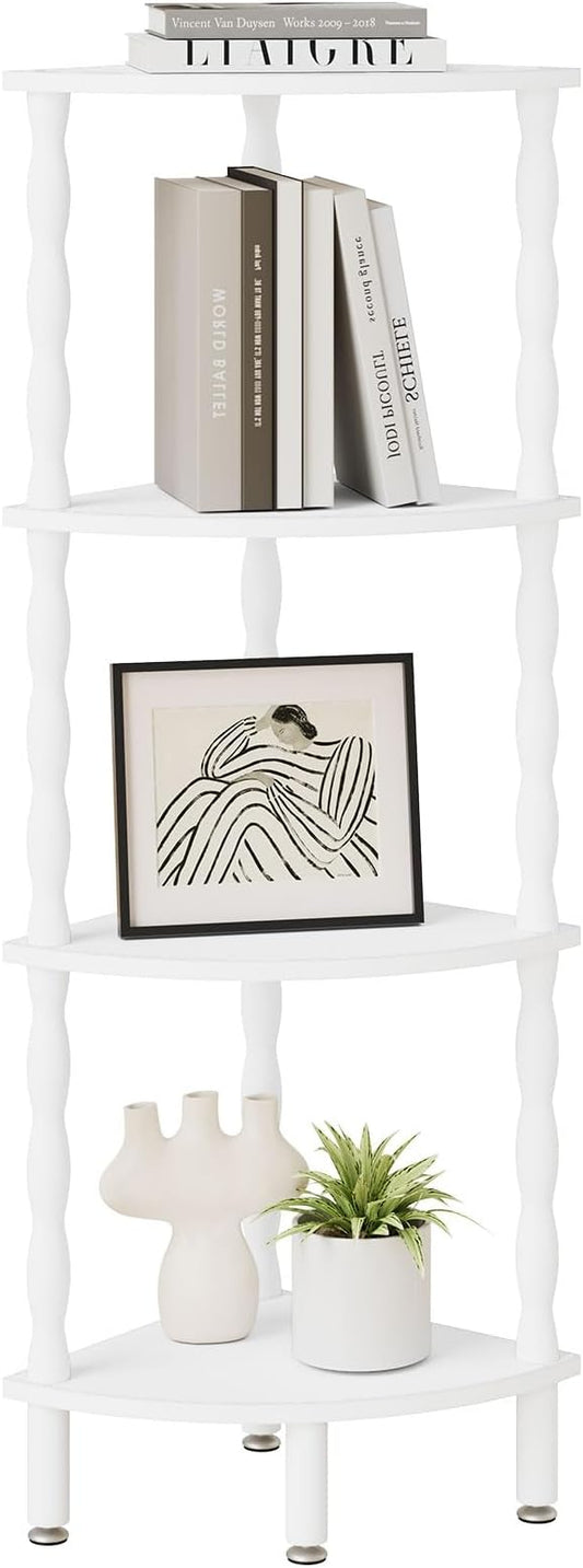 IBUYKE 4-Tier Corner Shelf,Stylish Corner Bookshelf for Small Spaces,Industrial Corner Storage Display Shelves,Small Corner Table for Bedroom,Bathroom,Kitchen, White WBC019W