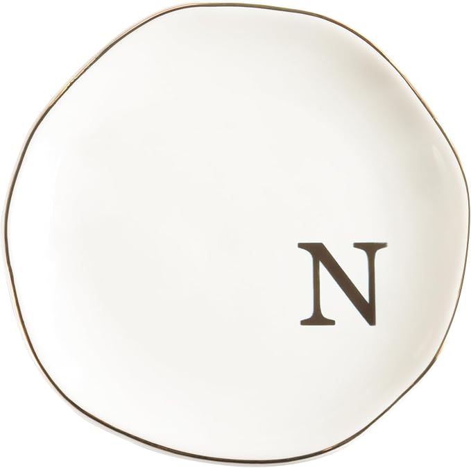 Ceramic Jewelry Tray Ring Dish Personalized N-Monogrammed Engagement Wedding Gifts, for Birthday Mother's Day for Women, Ceramic White 4.75" (N)