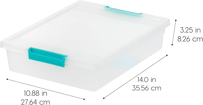 IRIS USA 6 Qt. Craft Storage Bins with Lids, 4-Pack, |Made in USA|, Clip Box, Small Plastic Sensory Bin Tote Organizer Containers for Art Supplies, Paper, & Office, Stackable - Clear/Seafoam Blue