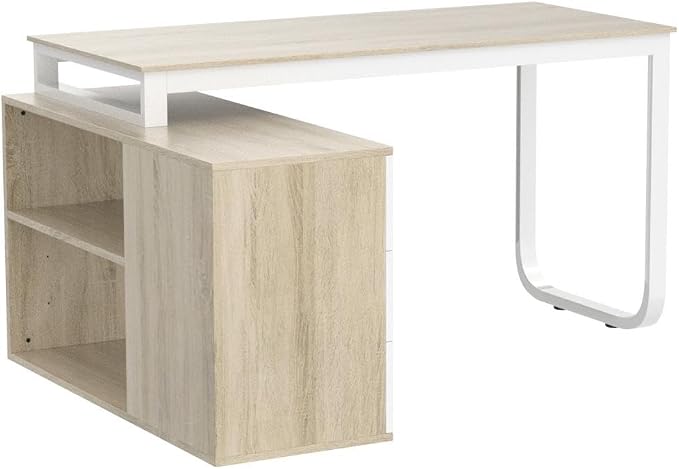 Homsee Home Office Computer Desk Corner Desk with 3 Drawers and 2 Shelves, 54 Inch Large L-Shaped Study Writing Table with Storage Cabinet - Walnut and White