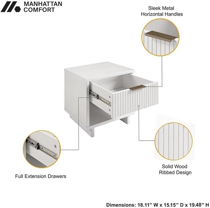 Manhattan Comfort Granville 1-Drawer Nightstand Set of 2, Modern Glam Bedside Table with Ribbed Design and Gold Handles, Ideal for Living Room and Bedroom Use, White