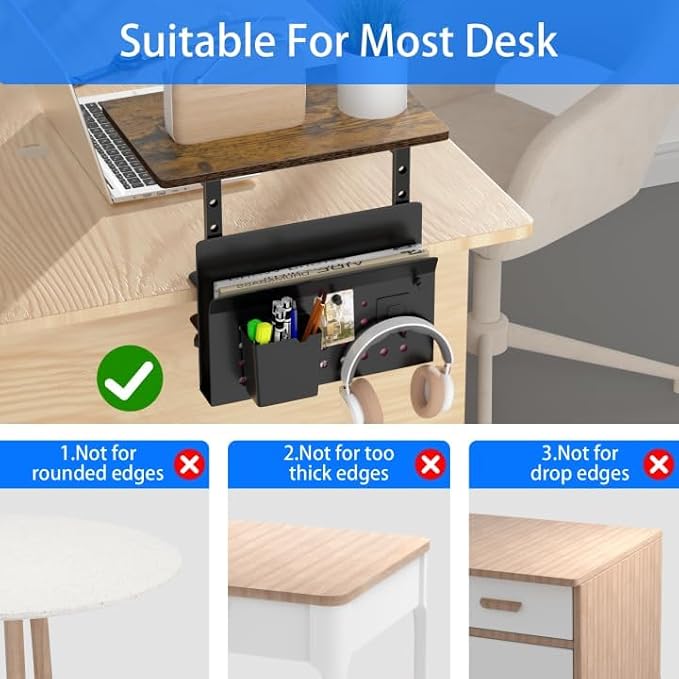 Desk Extender, Clamp On Desk Shelf Organizer, with Side Storage Steel Frame & 15 inch Wood Desktop Supplies Rack Clamp Mount Table Hanging Storage for Home Office Fits Flat Edge Tables 0.3" to 2.3"