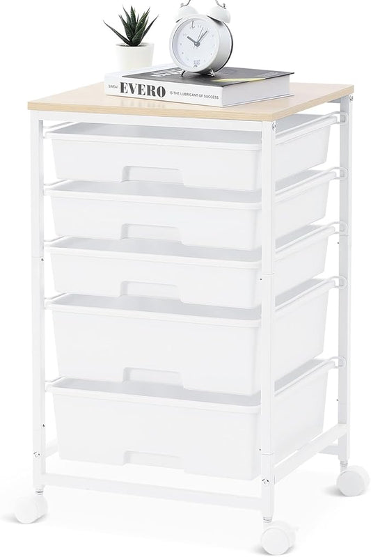 SYKIARIOL Utility Cart with 5 Drawers,Storage Drawer Cart with Wooden Tabletop and Lockable Wheels,Craft Storage Trolley Cart,5-Tier Rolling Utility Cart on Wheels,Bright White
