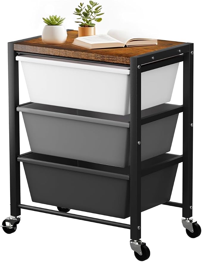 Rolling Cart with 3 Drawers, Plastic Drawer Storage Carts with Lockable Wheels & Wooden Tabletop, Metal Utility Cart Organizer, Office Bedroom Classroom Craft Organization and Storage, Dark Grey