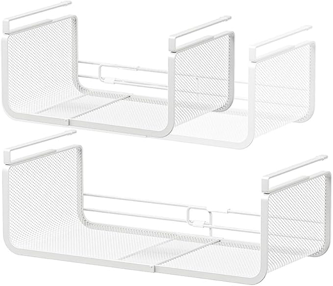 Expandable Under Shelf Basket Organizer, Under Shelf Storage, Hanging Baskets Under Cabinet for Pantry Kitchen Cupboard Desk Counter Bookshelf Space Saver Heavy Duty Slide-in (white, 2 Pack)