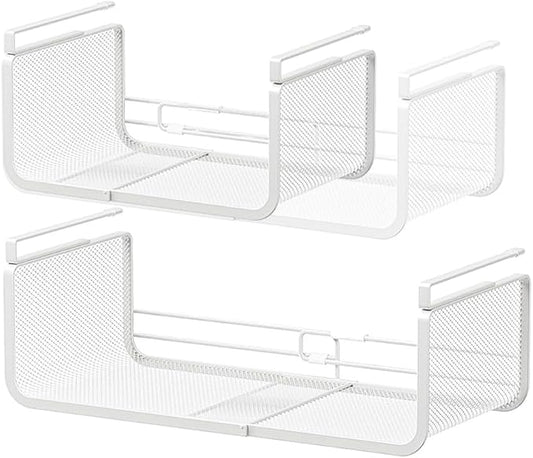 Expandable Under Shelf Basket Organizer, Under Shelf Storage, Hanging Baskets Under Cabinet for Pantry Kitchen Cupboard Desk Counter Bookshelf Space Saver Heavy Duty Slide-in (white, 2 Pack)