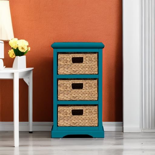 eHemco Hampton Meadows 3 Tier X-Side End Storage Cabinet with 3 Wicker Baskets, Teal