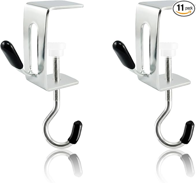 11 Pcs Desk Hook for Bag,Upgraded 2-Hook Metal Clamp Hooks,Purse Hook for Table,Adjustable Heavy Duty Clipa Bag Hanger Under Desk,Shelf Hooks for Hanging with Scratch-Proof Rubber Cover