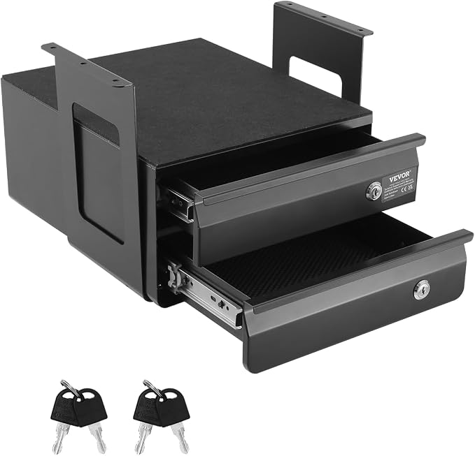 VEVOR Under Desk Double Stacked Lockable Slide Out Drawer, 13 inch Lockable Under Table Pull-out Drawer Attachment for Sit Stand Workstation, Secure Under Desk Storage Organizer, Black