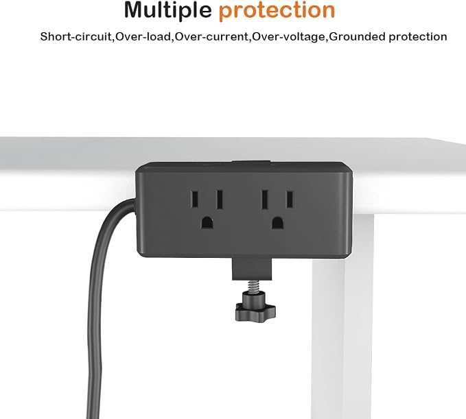 Compact Desk Edge Clamp Power Strip with 6-Outlet,3-USB-A-Port,Fit 2.4" Tabletop Edge,Table Leg.Meeoueoiu Desktop Mount Charging Power Station for Office Home,6.56ft Extension Cord,Black