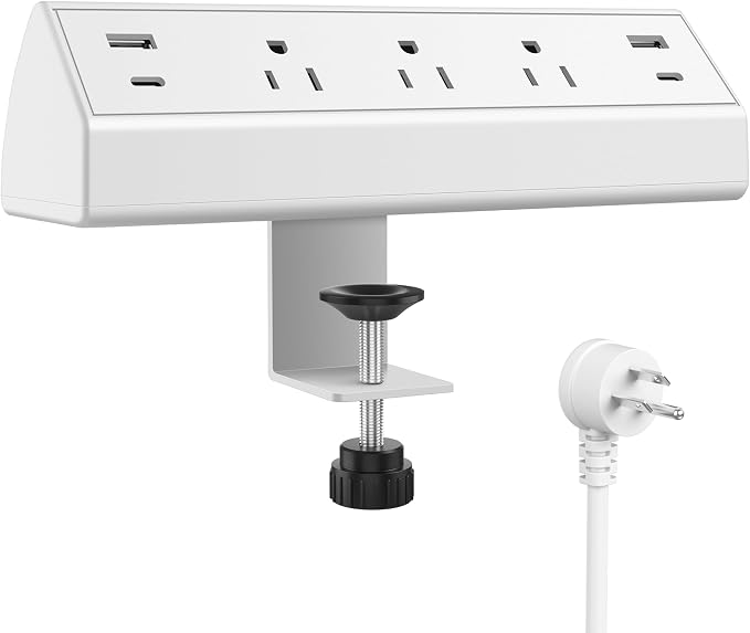 Jgstkcity Desk Clamp Power Strip,40W Total Fast Charging Station,2 PD 20W USB C Ports,Desk Edge Mount Surge Protector for Home, Office,3 Outlets,Fit 1.96" Tabletop Edge,ETL Listed,White
