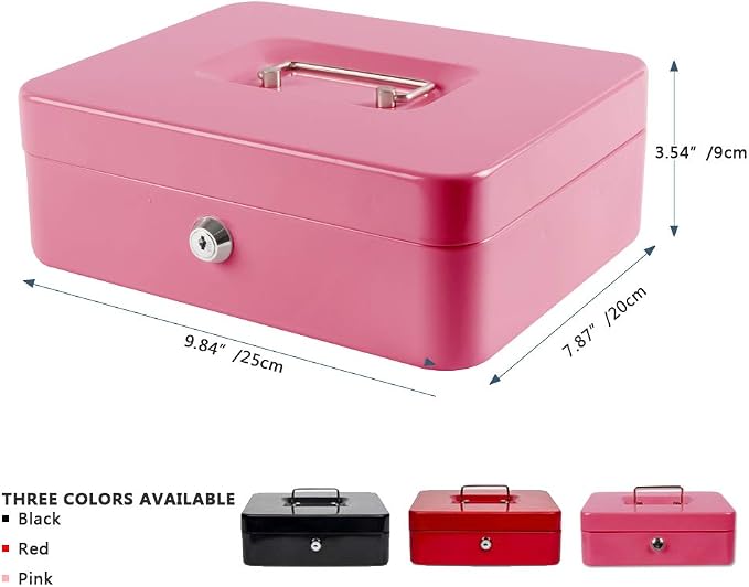 KYODOLED Large Metal Cash Box with Money Tray and Lock,Money Box with Cash Tray,Cash Drawer,9.84"x 7.87"x 3.54" Pink Large